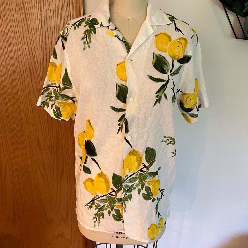 ZARA Men’s Regular Fit Lemon Print Linen Shirt Size S Made in Portugal summer